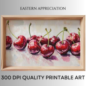 Painting of Red Cherries in Pastel Colour, Still Life Fruit Printable, Rustic Farmhouse Kitchen Wall Art, Fruit Decor, Fruit Canvas Print