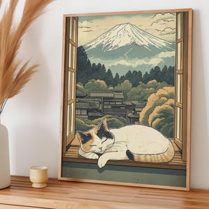 Calico Cat Sleeping in Window Japanese Cat Art for Cat Lover, Ukiyo-e Japandi Wall Art for Cat Mom, Japanese Cat Print, Japanese Wall Art