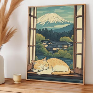 Orange Tabby Cat Sleeping in Window Japanese Cat Art for Cat Lover, Ukiyo-e Japandi Wall Art for Cat Mom, Japanese Cat Print, Japan Wall Art