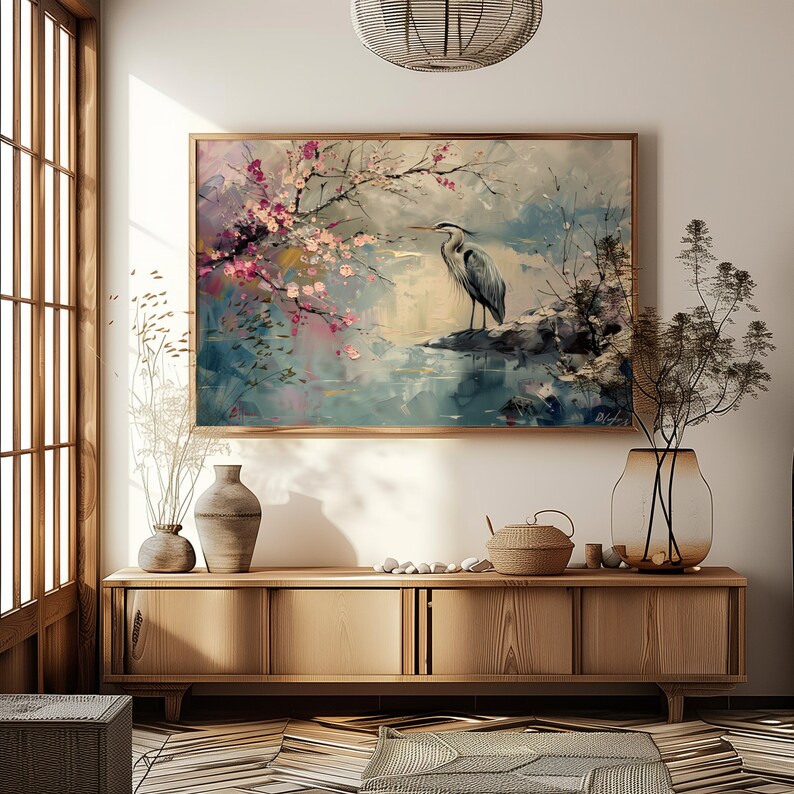 Japanese Heron Oil Painting for Bird, Flower and Japan Lover Wall Art ...