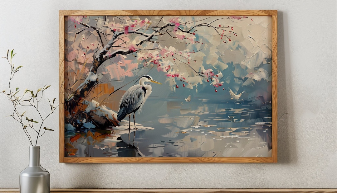 Japanese Heron Oil Painting for Bird, Flower and Japan Lover Wall Art ...