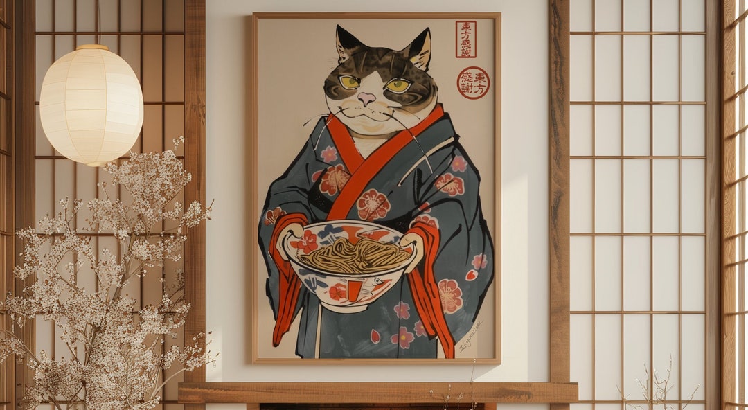 Printable Digital Cute Japanese Cat for Wall Art Poster or Canvas Decor ...