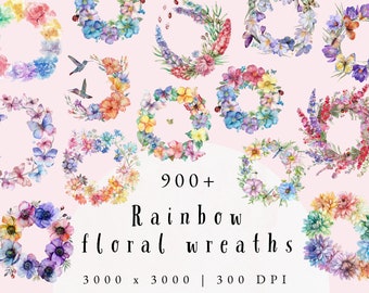 Rainbow Wreath Clipart | Floral Frame | Digital Download | Digital Png Clipart | Watercolour Flowers Clipart | Digital Floral Arrangement