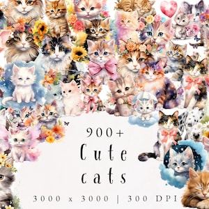 Cute Cats | Pets Clipart | Kitten Clipart | Transparent Png | Watercolor Funny Cats Clipart | Cat Dress Clipart | Kittens Illustrations