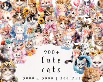 Cute Cats | Pets Clipart | Kitten Clipart | Transparent Png | Watercolor Funny Cats Clipart | Cat Dress Clipart | Kittens Illustrations