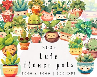 Kawaii Plant Clipart | Watercolor Kawaii House Plant | Commercial Use | Instant Download | Green Clipart | Cactus Print | Kawaii Cactus