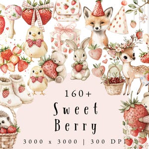 Beere süße Baby Dusche Clipart, Erdbeer Clipart für Kinder, Aquarell Erdbeere PNG, süße Frucht Grafiken, digitaler Download für Geburtstage