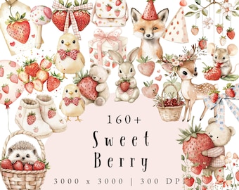 Berry Sweet Baby Shower Clipart, Clipart fraise pour les enfants, aquarelle fraise PNG, graphiques de fruits mignons, téléchargement numérique pour les anniversaires
