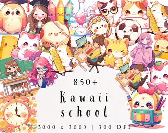 Kawaii School Clip Art, Kawaii School Supplies Clipart, College Clip Art, Kawaii Back To School Clipart, School Sticker, Kawaii Book Clipart