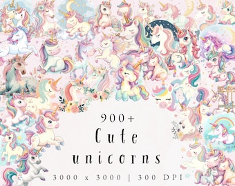 Unicorn Clipart | Unicorn Birthday Png | Baby Unicorn Png | Moon Clipart | Rainbow Unicorn | Commercial Use | Junk Journaling