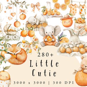 Little Cutie Baby Shower Clipart, Cute Orange Watercolor, Digital Download, Invitation Graphics, Commercial Use, Art, Transparent Background