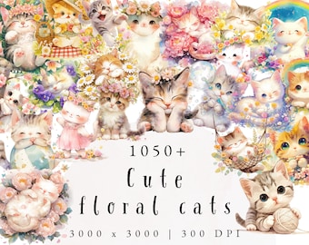Floral Cat Clipart, Watercolor Clipart, Nursery Art, Card Making, Cute Kitten Watercolor Clipart, Cute Cat Clipart, Cat Clipart, Cat Png
