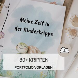 Può includere: Un raccoglitore aperto con il testo "Meine Zeit in der Kinderkrippe" e un'illustrazione di una tartaruga dei cartoni animati. È visibile anche il testo "80+ KRIPPEN PORTFOLIO VORLAGEN". All'interno, sono visibili pagine con testo e un'illustrazione di conchiglia.