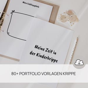 Könnte beinhalten: Ein weißes Portfolio mit dem Text "Meine Zeit in der Kinderkrippe" und "Mein Lieblingsplatz". Das Bild zeigt auch einen Bleistift, Aufkleber und den Text "80+ PORTFOLIO VORLAGEN KRIPPE".