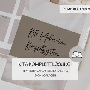 Può includere: Documento bianco e color talpa con il testo "Kita Materialien Komplettsystem" in scrittura nera. Sotto, viene visualizzato il testo "KITA KOMPLETTLÖSUNG", insieme a testo aggiuntivo e un'icona di download. È visibile una matita con puntini neri.