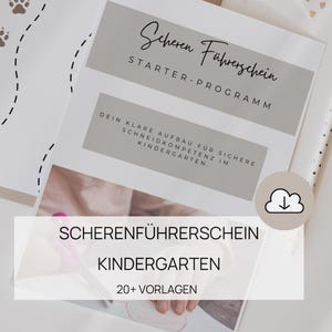 Könnte beinhalten: Ein weißes und graues Dokument mit deutschem Text, darunter "Scheren Führerschein STARTER-PROGRAMM". Es zeigt ein Cloud-Download-Symbol, das Wort "KINDERGARTEN" und "20+ VORLAGEN". Ein Bleistift und ein Pfotenabdruck-Design sind ebenfalls sichtbar.