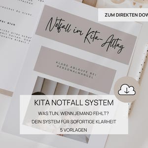 May include: A white document with the title "Notfall im Kita-Alltag" in black script. Below, it reads "KITA NOTFALL SYSTEM" with additional text. A pencil with black dots and a cloud icon are also visible.