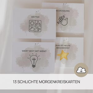 Può includere: Un set di carte bianche con varie illustrazioni e testo, tra cui simboli meteorologici, una mano, una lampadina e una stella. Le carte hanno uno sfondo in stile acquerello. Il testo "13 SCHLICHTE MORGENKREISKARTEN" è in basso.