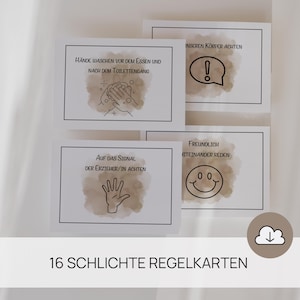 Op de afbeelding: Een set van 16 eenvoudige regelkaarten met tekst en illustraties. De kaarten bevatten instructies zoals "Handen wassen voor het eten" en "Let op ons lichaam". De kaarten hebben een achtergrond in aquarel-stijl.