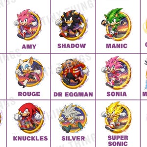 K&ouml;nnte beinhalten: Eine Sammlung von 15 Charakterillustrationen aus dem Sonic the Hedgehog-Franchise. Jeder Charakter wird in einer dynamischen Pose in einem goldenen Ring dargestellt, mit seinem Namen darunter. Charaktere sind Sonic, Amy, Shadow und andere.