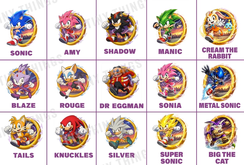 K&ouml;nnte beinhalten: Eine Sammlung von 15 Charakterillustrationen aus dem Sonic the Hedgehog-Franchise. Jeder Charakter wird in einer dynamischen Pose in einem goldenen Ring dargestellt, mit seinem Namen darunter. Charaktere sind Sonic, Amy, Shadow und andere.
