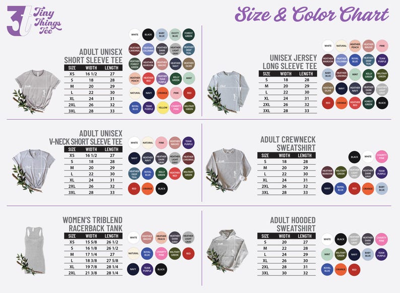 Puede incluir: Tabla de tallas y colores para varias camisetas, sudaderas y camisetas sin mangas. Incluye medidas en cent&iacute;metros para camisetas unisex de manga corta para adultos, camisetas de manga larga, camisetas con cuello en V, etc.