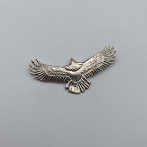Könnte beinhalten: Ein silberner Adler-Anhänger mit weit ausgebreiteten Flügeln im Flug. Der Adler ist mit strukturierten Federn verziert.