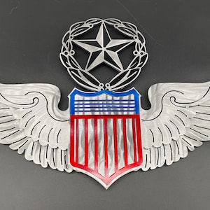 May include: Metal wall art featuring a stylized emblem with wings, a star, and a shield. The shield has red, white, and blue stripes. The wings and star are silver-colored, and the emblem is mounted on a gray background.