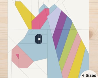 Patrón de unicornio arcoíris FPP - Foundation Paper Piecing PDF - Diseño de colchas para guardería