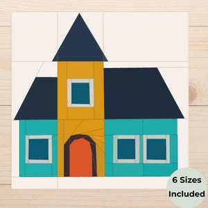 May include: A colorful geometric illustration of a house with a teal base, yellow center, and navy blue roof. The house has a red door and square windows. The text "6 Sizes Included" is in a green circle in the bottom right corner.