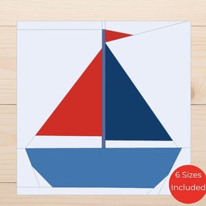 Puede incluir: Ilustración geométrica de un velero con una vela roja, una vela azul y un casco azul. El mástil es azul oscuro. La imagen está sobre un fondo blanco. Un círculo rojo con el texto "6 Sizes Included" está en la esquina inferior derecha.
