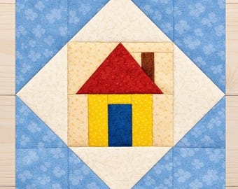 Patrón sencillo para bloques de colcha con diseño de casa – Plantilla PDF FPP – Diseño moderno de patchwork