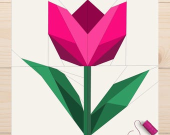 Patrón de bloque de edredón FPP de tulipán – PDF de flores de paper piecing de base – Diseño floral primaveral