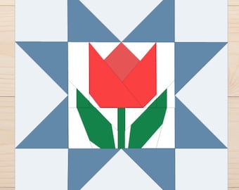 Patrón FPP de tulipán en estrella, bloque de edredón floral, patchwork de papel base (PDF)