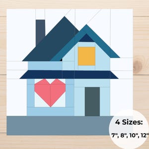 May include: A geometric illustration of a house with a heart-shaped window. The house features a blue roof, light blue walls, and a red heart. The image includes the text "4 Sizes: 7", 8", 10", 12"", indicating available sizes in inches (17.8, 20.3, 25.4, 30.5 cm).