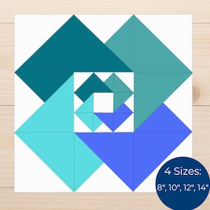 Puede incluir: Un diseño geométrico de bloque de edredón con un cuadrado central y formas de diamante entrelazadas en tonos de verde azulado, turquesa y azul. El diseño está sobre un fondo blanco. La imagen incluye texto que indica cuatro opciones de tamaño: 20 cm, 25 cm, 30 cm y 35 cm.