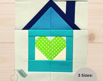 Patrón FPP Heart House: Bloque de edredón moderno en PDF (6, 8 y 10 pulgadas)