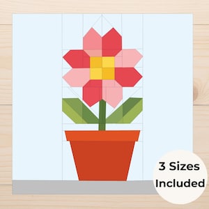 May include: A colorful geometric flower in a terracotta pot, set against a light blue background. The flower features red, pink, and yellow petals, with green leaves and stem. The image includes the text "3 Sizes Included" in a white circle.