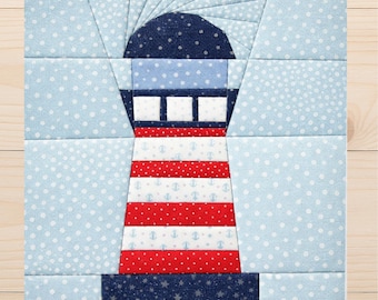 Bloque de edredón FPP de faro náutico - Patrón de patchwork de papel en PDF - Costura de decoración de playa costera