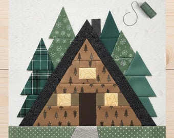 Bloque de edredón FPP "Casa de cabaña acogedora" • Patrón de patchwork de papel base • Edredón de bosque • 4 tamaños