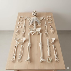 Könnte beinhalten: Ein anatomisches menschliches Skelettmodell, das in Einzelteilen ausgelegt ist, bestehend aus Schädel, Brustkorb, Becken, Wirbelsäule und einzelnen Gliedmaßenknochen, alles in einem cremeweißen Farbton mit realistischen Knochenstrukturen.