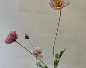 Pink artificial poppy – single stem with silk flowers for vase or decoration, delicate, durable & lifelike
