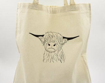 Selbstbedruckte Baumwolltasche | Scottish Highland Cow | nachhaltige Öko-Stofftasche/Jute-Beutel mit langen Henkeln, ideal zum Einkaufen