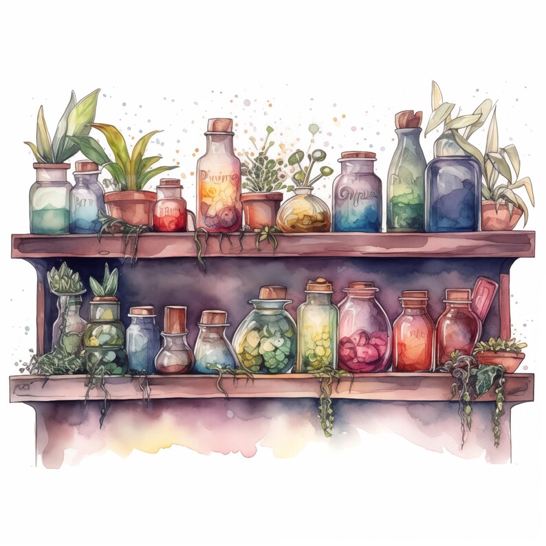 Witch's Potion Shelf Cliparts, 4 High Quality Pngs, Watercolor Art ...