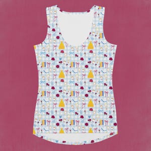 May include: A sleeveless tank top with a scoop neck, featuring a repeating pattern of yellow dresses, red roses, blue bows, and mirrors on a light blue and white checkered background. The tank top is made of a soft, comfortable material.
