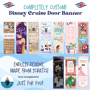 May include: A collection of custom Disney Cruise door banners with various designs. The banners feature characters like Mickey Mouse, Rapunzel, Stitch, and Spider-Man, along with personalized text for birthdays, family names, and special occasions. The banners are made from scratch.