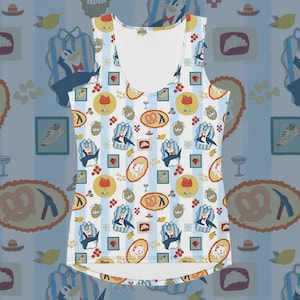 May include: A sleeveless tank top featuring a repeating pattern of light blue and white vertical stripes overlaid with various icons including cartoon penguins in tuxedos, red cocktails, pretzels, red gems, and small shoes on a white background.