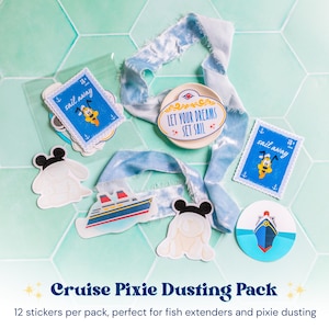 May include: A collection of stickers featuring Pluto, cruise ships, and the text "sail away" and "LET YOUR DREAMS SET SAIL" alongside a light blue velvet ribbon. The stickers include rectangular stamp designs, circular ship icons, and character shapes.