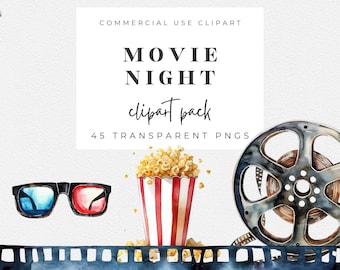 Cinema Clipart Collection - 45 Movie Night PNGs, Transparent Film Graphics, Popcorn and Tickets, Party Invitation, Commercial Use