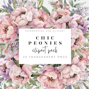 Pfingstrosen-Clipart-Paket - Aquarell Blumen PNG, digitaler Pfingstrosenstrauß, Hochzeitseinladungsblumen, kommerzielle Nutzung, sofortiger Download